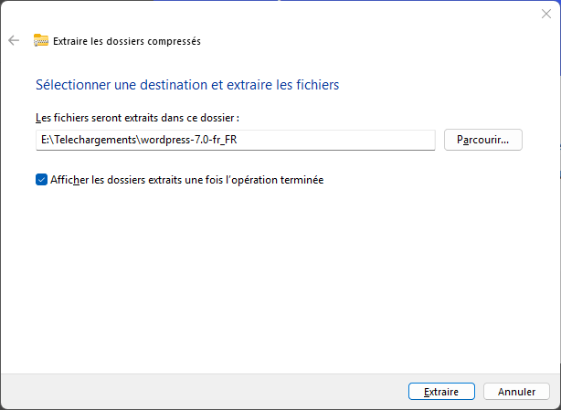 Fenêtre d'extraction de ZIP sur W11