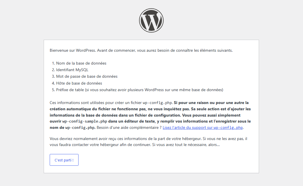 Accueil de l'installation de WordPress