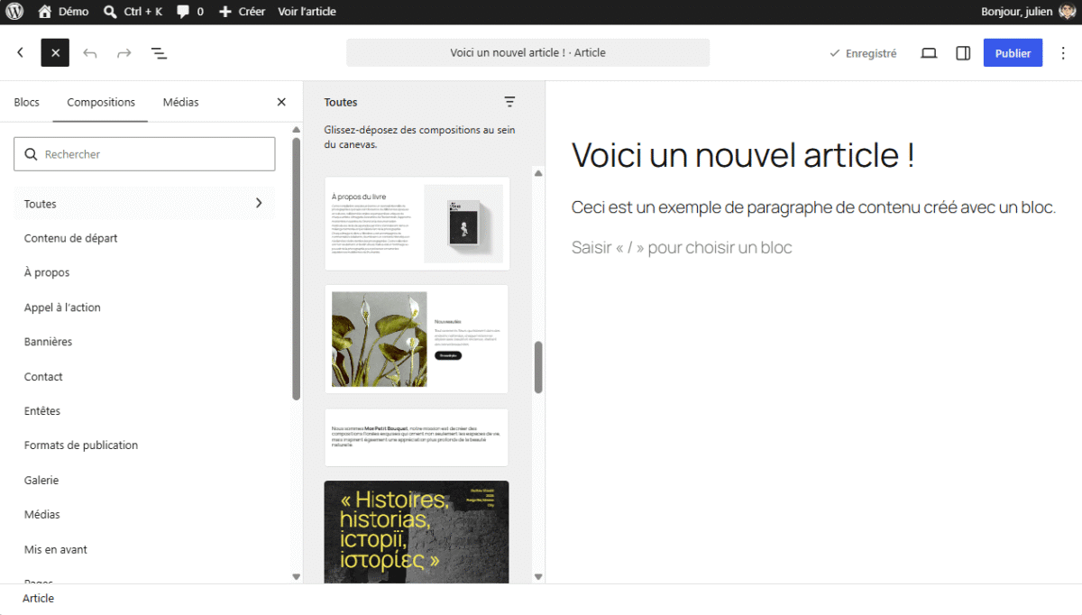 Exemple des compositions proposées par WP