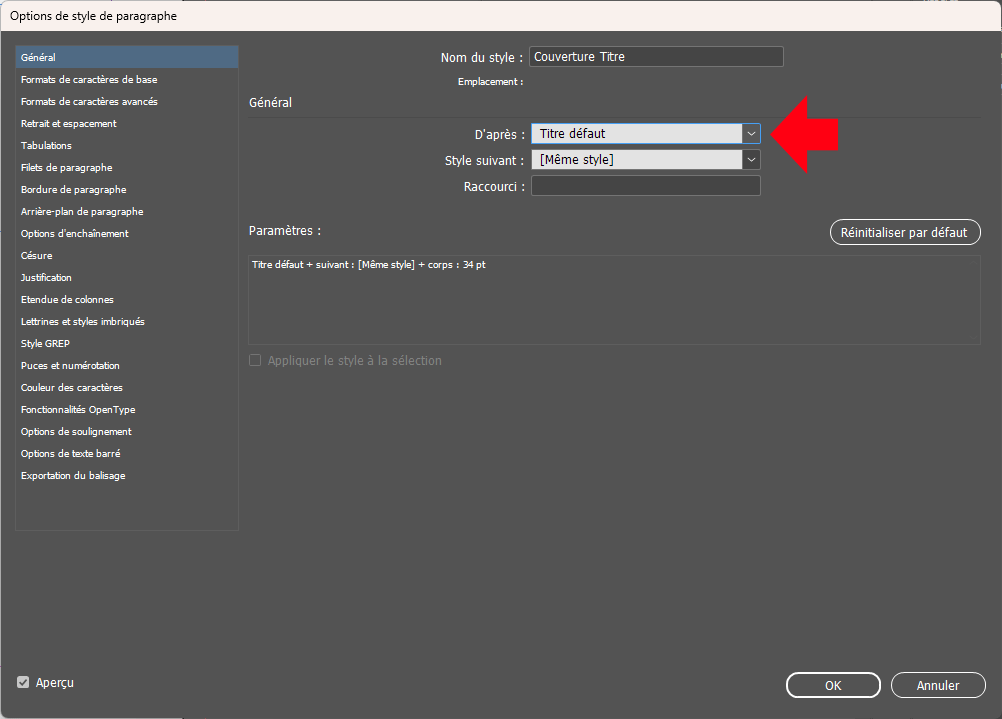 Onglet général de la fenêtre d'édition d'un style de paragraphe