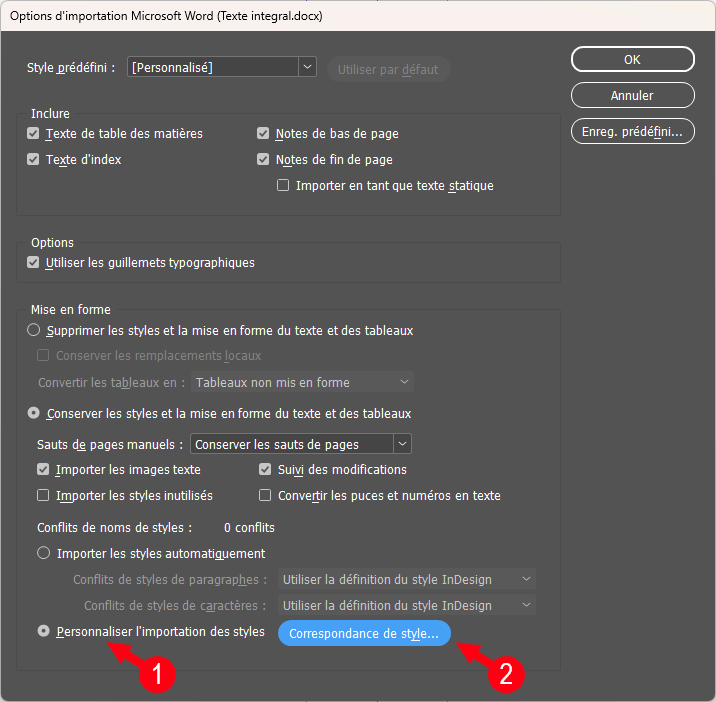 Fenêtre de personnalisation de l'importation d'un texte