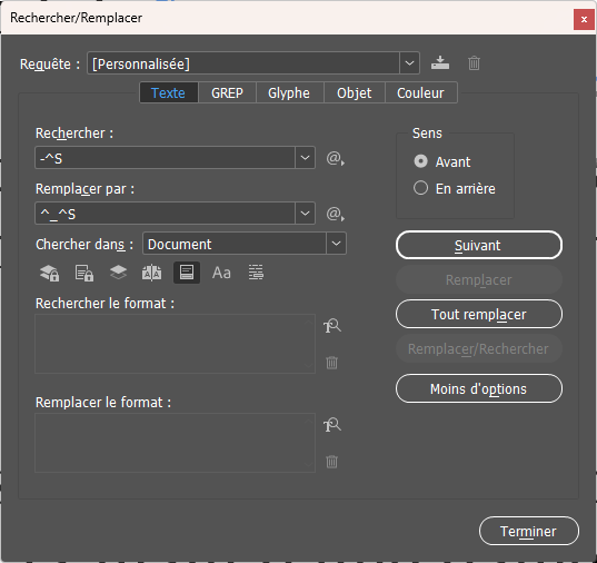 Rechercher /remplacer des tirets de dialogue